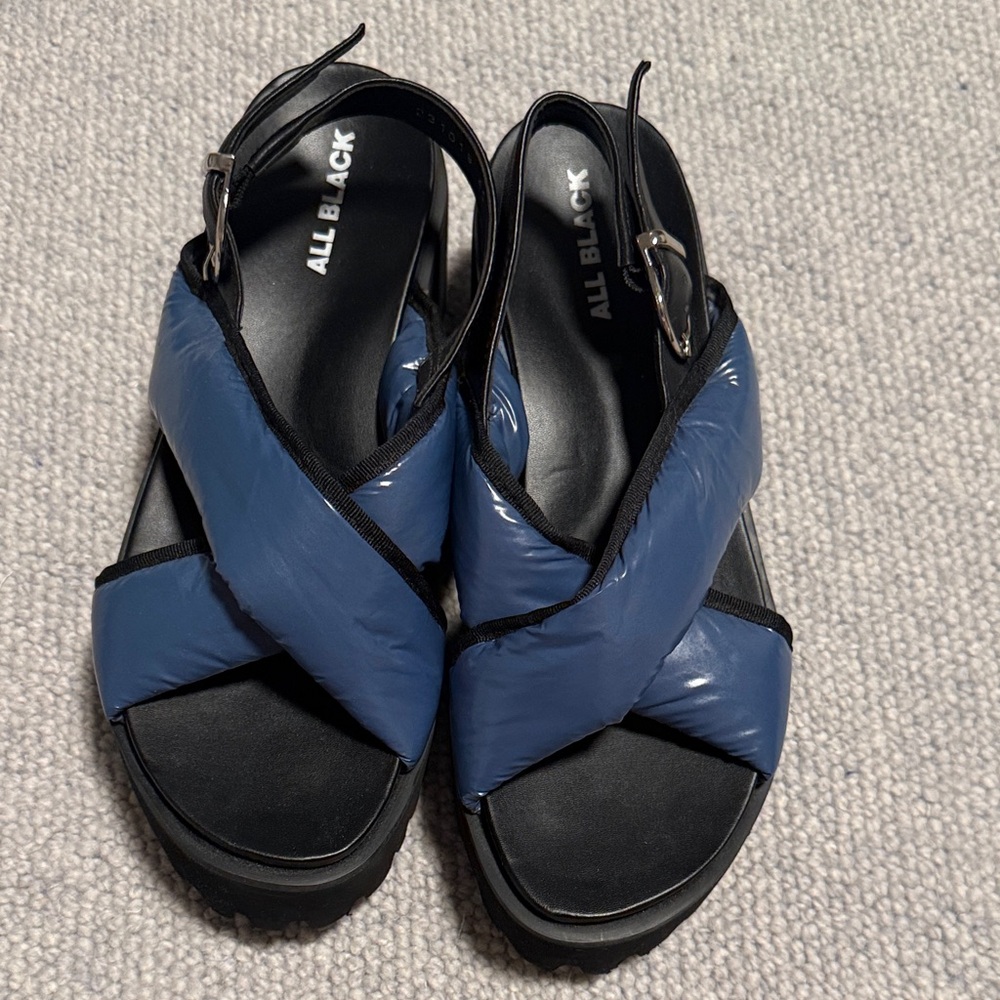 All Black Blue Crisscross Puffer Slingback Sandals